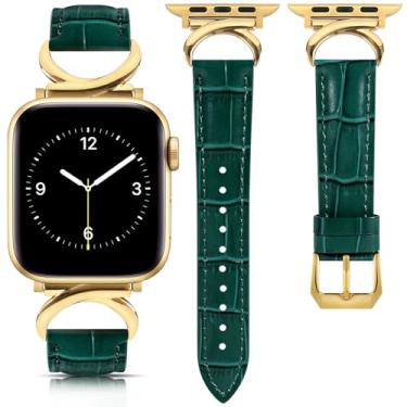 Imagem de mxiixnai Pulseira de couro feminina compatível com Apple Watch séries 10/9/8/7/6/4/3/2/1/se/Ultra/Ultra 2 (49 mm, 46 mm, 45 mm, 44 mm e 42 mm, estampa de crocodilo verde/dourada)