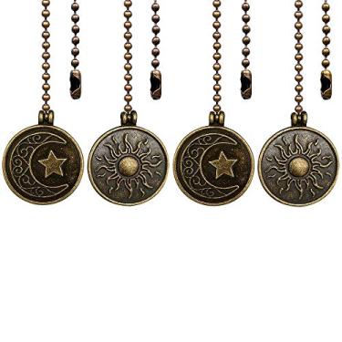 Imagem de Dotlite Conjunto de corrente de puxar para ventilador de teto de cobre, extensão de corrente de puxar com ventilador de totem decorativo, 30 cm de iluminação e ventilador de bola com contas de pingente, enfeite extensor de corrente com conector, lua e sol (pacote com 4)