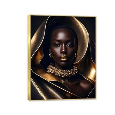 Imagem de Cavnas Africano Americano Arte de Parede Mulher Negra com Colar Emoldurado Pintura Mulher Poster Imagem para Presente Menina Quarto Sala de Estar 90 x 70 cm (36 x 28 pol) Moldura dourada