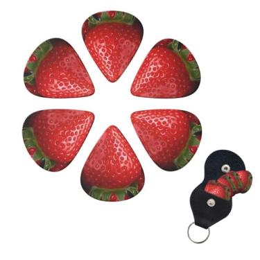 Imagem de Palhetas de guitarra com estampa de morango vermelho, pacote com 6 palhetas de guitarra com suportes de palheta palhetas de baixo para guitarra acústica, baixo, ukulele elétrico inclui 0,46 mm, 0,71