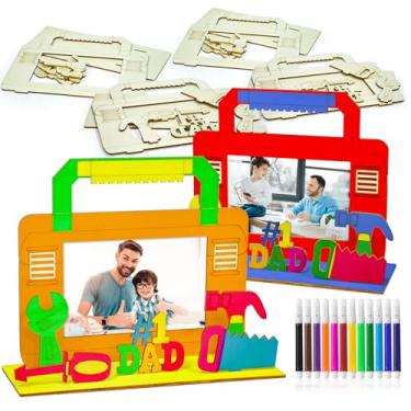 Imagem de Conjunto de 24 kits de artesanato para Dia dos Pais, porta-retratos de madeira, faça-você-mesmo, kit de artesanato para o melhor pai, molduras de madeira com acessórios decorativos para atividades em