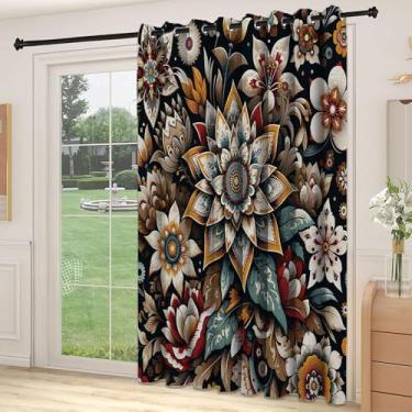 Imagem de Divisória de parede de cortina de divisória floral boho, ornamentos de estilo tradicional com motivos floridos de aparência confusa, adequada para portas de vidro deslizantes, cortinas térmicas de