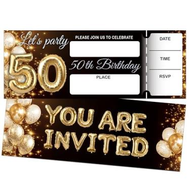 Imagem de Convites de aniversário de 50 anos para mulheres e homens, tema de balão dourado, 20 convites com 20 envelopes, decoração de lembrancinhas de festa com glitter dourado preto (3 × 8 polegadas) A09