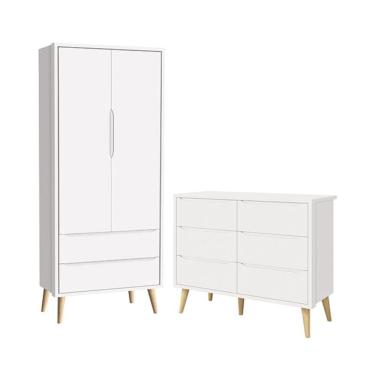 Imagem de Jogo de Quarto Infantil Theo Guarda Roupa 2 Portas e Cômoda 6 Gavetas com Pés Madeira Natural - Reller Móveis Branco Fosco