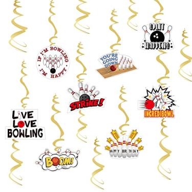 Imagem de 8 peças de boliche festa de aniversário redemoinhos pendurados boliche festa de teto, decorações para bola de boliche, tema crianças, meninos, meninas, homens, mulheres, diversão, aniversário, chá de