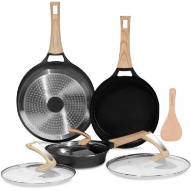 Imagem de ESLITE LIFE Conjunto De Frigideiras Antiaderentes Com Tampas, Revestimento Granito Saudável, Utensílios Cozinha Pedra Para Omelete, Frigideira Chef, Sem Pfoa (Preto, 7 Peças)