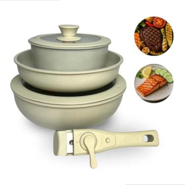 Imagem de Jogo Panelas Antiaderente Off White Cabo Removível Com Fundo Triplo e Revestimento Mármore 6 Peças