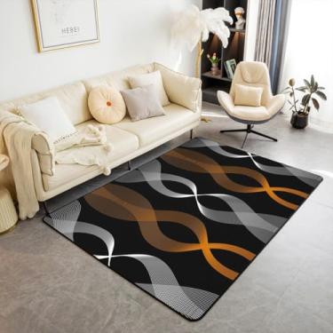 Imagem de Erosebridal Tapete geométrico moderno para ambientes internos, 1,78 m x 90 cm, tapetes abstratos para sala de estar, para crianças, homens, mulheres, listras, linhas impressas, espiral, preto, laranja