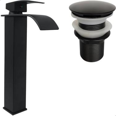 Imagem de Dona D Cor, Torneira Preta Pia Banheiro Bica Alta Cascata E Valvula Click 1 1/4 Inox Torneira Quadrada Monocomando Misturador