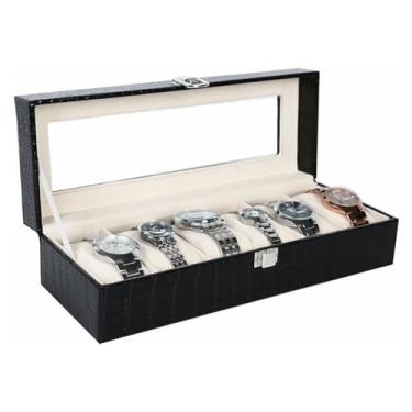 Imagem de Porta Relógios de Luxo em Couro, 6 e 10 Compartimentos, Organizador com Tampa de Vidro, Preto, Porta Jóias decorativo, para Quarto, Escritório, Sala (6 Gavetas)
