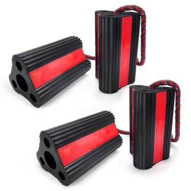 Imagem de KARTONMOTOR Calços de roda (2 pares/4 pacotes com corda) para trailer, trailer, trailer, viagem, carros, caminhões, aviões, barco, calços de roda de borracha, rolha de pneu com tiras refletivas