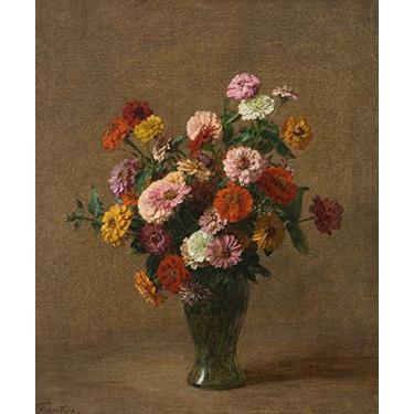 Imagem de Zinnias Flores em um Vaso de Vidro Pintura de Henri Fantin-Latour na Tela em Vários Tamanhos (70 cm X 55 cm tamanho da imagem)