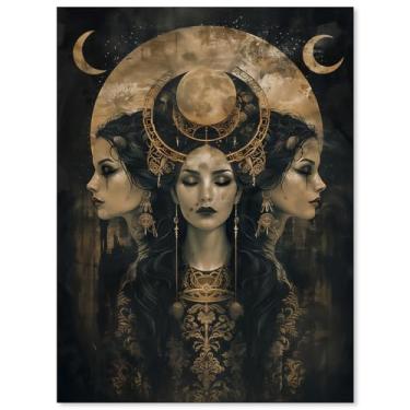 Imagem de MWZUPQ Pôster de bruxa de terror negro gótico vintage Hecate Moon Goddess arte de parede arte mística vitoriana impressão em tela para decoração de parede de casa de quarto assustador 30,5 x 40,6 cm