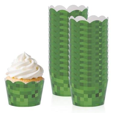 Imagem de 24un Embalagens para Cupcakes Pixel, Embrulho Forro Cupcake com Tema de Videojogo Capa Decorativo Bolo com Relva Verde Decoração para Bolo Festa Aniversário de Meninos e Meninas