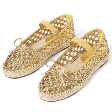 Imagem de AMINUGAL Sapatilhas De Balé Ráfia Para Mulheres, Bico Redondo, Plataforma, Mary Jane, Alpargatas Elásticas, Malha Dourada, Elegante, Confortável, Bailarina, Tamanho 7