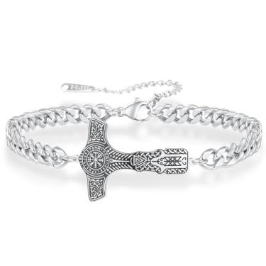 Imagem de VASSAGO Pulseiras Viking para homens, pulseira nórdica de Thor com martelo nórdico de aço inoxidável Mjolnir Rune joia de amuleto pagão vintage nórdico, Aço inoxidável, Sem Pedra Preciosa