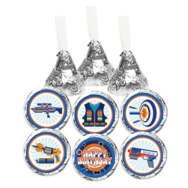 Imagem de Adesivos de beijos de festa de aniversário de guerra de dardos - lembrancinhas de adesivos redondos de batalha de dardos - Etiquetas de festa temáticas de jogo de armas para doces de chocolate - 150