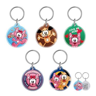 Imagem de 5 etiquetas de identificação de animais de estimação com código QR para cães e gatos – design de personagem PawView à prova d'água, etiquetas inteligentes personalizadas com perfil modificável e