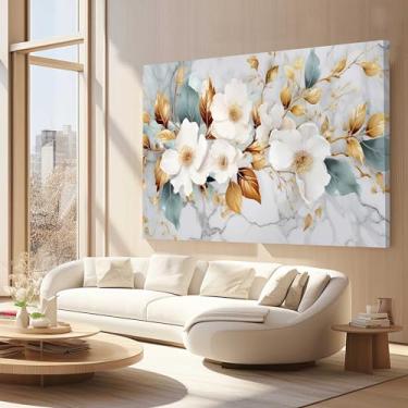 Imagem de Quadros Decorativos para Quarto Sala 90x60 Floral Branca Dourada Abstrato Grande Escritório Hall