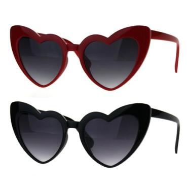Imagem de Óculos de sol femininos de plástico com formato de coração e olho de gato hippie, [Pacote com 2] Preto e Vermelho, One Size