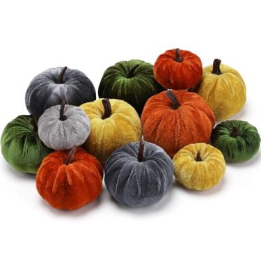 Imagem de Bigmeta 12 peças de decoração de abóboras de veludo artificial de outono – 3 tamanhos, presentes de abóbora de espuma sintética para outono, casa de fazenda, casa, Ação de Graças, decorações de