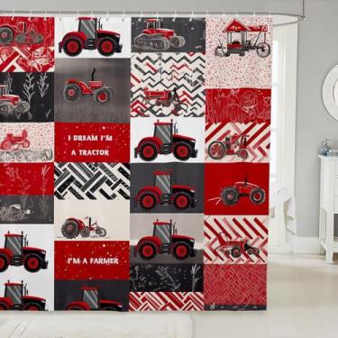 Imagem de Erosebridal Cortina de chuveiro de trator infantil para meninos e meninas cortina de chuveiro de tecido trator desenho animado vermelho 183 cm L x 182 C veículo agrícola caminhão impermeável cortinas