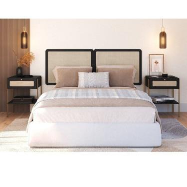 Imagem de Conjunto Cabeceira Casal 160cm e 2 Mesas de Cabeceira 1 Gaveta Pé Metal Palhinha Oslo Nero Nero/Dourado