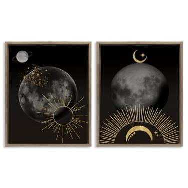Imagem de Stupell Industries Conjunto de tela flutuante marrom celestial dourado sol e lua 2 peças por Daniela Santiago, 80 x 63 cm