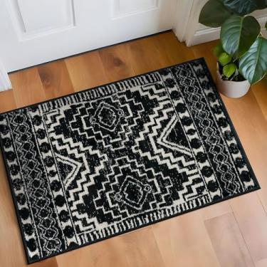 Imagem de Rugshop Tapete tribal preto e branco do sudoeste – Tapete geométrico com padrão de diamante para sala de estar, quarto ou entrada – decoração de piso macio rústico boho 6 x 8 cm, preto