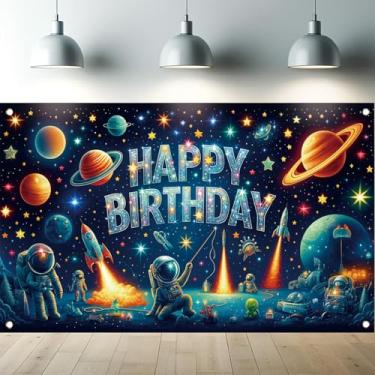 Imagem de Saoplasa Pano de fundo de feliz aniversário, espaço sideral, astronauta, planeta, banner para meninos, decorações de festa de aniversário de 180 x 109 cm, decoração de parede com tema de galáxia para