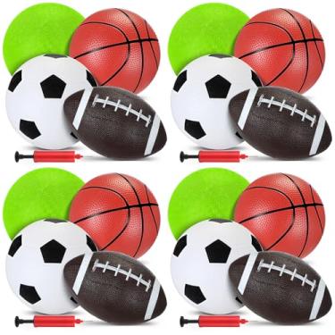 Imagem de RoundFunny Pack of 16 Sports Balls with Pump for Kids 5" Basketball, 5" Soccer, 5" Playground Ball, 6.3" Football for Indoor Outdoor Play Games Gifts