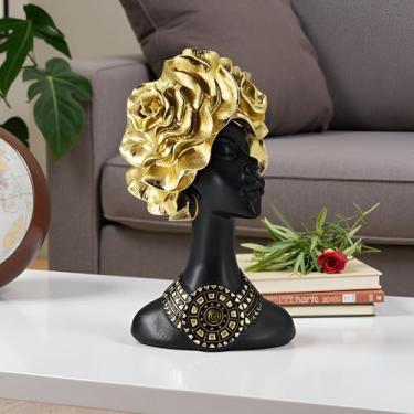 Imagem de NUOYI PIEIN Escultura decorativa de busto de arte africana, estatueta preta de resina com penteado rosa dourada, decoração de estátua de casa moderna para sala de estar, estante de livros, escritório