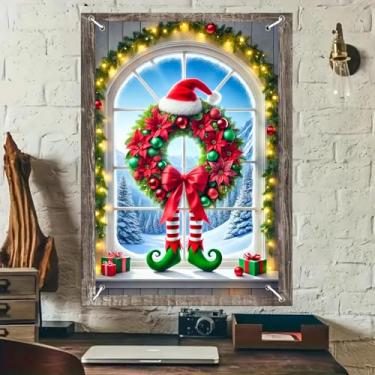 Imagem de BlissYard Capa de janela de Natal, faixa de guirlanda de elfo de Natal com luzes de chapéu de Papai Noel, caixas de presente, cena de neve, painel de janela para ambientes internos e externos, cenário