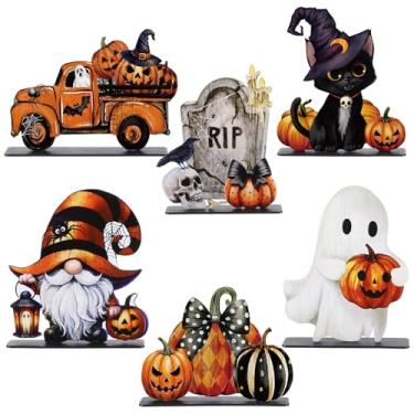 Imagem de Yalikop Conjunto de 6 decorações de mesa de Halloween de madeira retrô decoração de Halloween fantasma rústico abóbora gnomo gato preto rasgar caminhão lápide decoração de mesa para escritório, casa