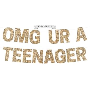 Imagem de Faixa de aniversário de adolescente OMG UR A pré-amarrada - SEM DIY - Faixa dourada de festa de 13 anos com glitter para meninos e meninas - Banner pré-amarrado em fios de 2,4 m - Decorações de festa