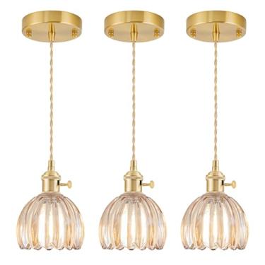 Imagem de Pacote com 3 mini luzes pendentes Kitchen Island, luminária pequena ajustável com abajur de vidro tulipa âmbar, iluminação pendente dourada vintage, luminária pendente para quarto, sala de jantar