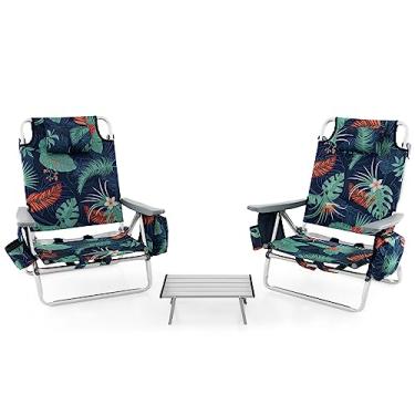 Imagem de GYMAX Cadeiras de praia, mochila de acampamento com apoio de braço, bolsa térmica, suporte de copo, barra de toalha e bolsos laterais, espreguiçadeira de bronzeamento, cadeira dobrável (com mesa, flor