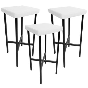 Imagem de Kit 3 Banquetas Stella Assento Plástico Base Fixa Estrutura Ferro Altura 71 cm Branco para Cozinha
