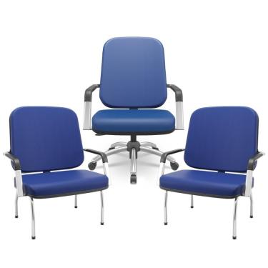Imagem de Kit Cadeira De Escritório Giratória E 2 Cadeiras Fixas Cromada Magno P03 Vinil Azul - Lyam Decor