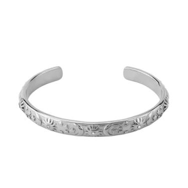 Imagem de Pulseira feminina em relevo lua estrela sol pulseira moda CZ inseto celestial aberto declaração pulseiras leves boho pulso envolver vestido acessórios joias presente, 2.36 Inches, Aço inoxidável, Sem