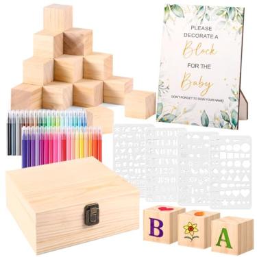 Imagem de Draupnir 92 Pcs Fun Baby Shower Games Sign Kit Babies Coloring Blocks for Baby Shower, Wooden DIY Blank Blocks Freehand Painting with 36 Paint Markers