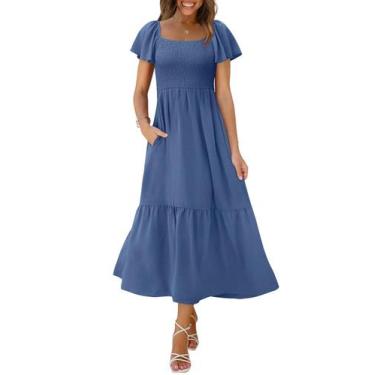 Imagem de Vestido casual OFEEFAN Summer Maxi Ruffle Dusty Blue para mulheres