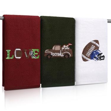 Imagem de Fanfanwin 3 peças de toalha de mão de futebol 35 x 73 cm algodão bordado capacete de futebol caminhão amor banheiro toalhas de mão decorativas para banheiro cozinha hotel spa academia presentes