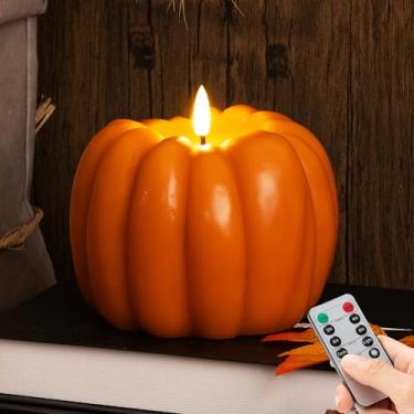 Imagem de SEHNSY Vela de abóbora sem chama com controle remoto de temporizador, vela de abóbora acende de cera real para decoração de outono, velas decorativas operadas a pilhas, Halloween, Ação de Graças