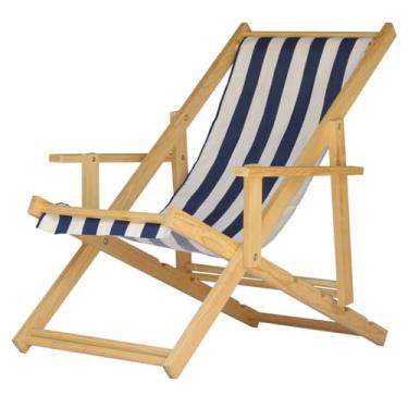 Imagem de Espreguiçadeira Madeira Maciça Dobrável Piscina ou Varanda – Com Braço, Natural (Listrado Azul e Branco)