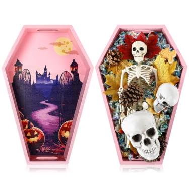 Imagem de Leinuosen 1 pacote com tabuleiro de charcutaria de madeira para Halloween, 35,5 cm de altura, caixão de madeira, bandeja de servir, assustadora, gótica, para banheiro, tigela de doces, decoração de