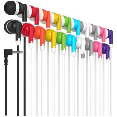 Imagem de Maeline Fones de ouvido estéreo a granel, pacote com 20, ideais para salas de aula do ensino fundamental e médio, biblioteca, viagem, academia, museu, plugue de 3,5 mm, fones de ouvido com fio sem