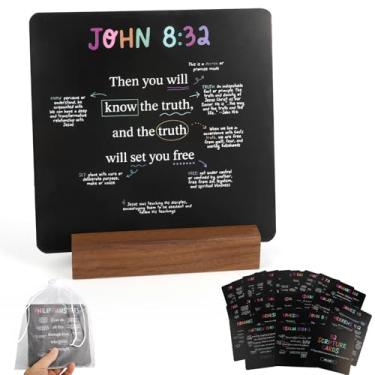 Imagem de Denwwico 52 cartas das escrituras com versículos da Bíblia e suporte de madeira, ilustrações coloridas, conjunto de cartas de oração e curiosidades bíblicas