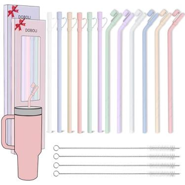 Imagem de Doboli Pacote com 12 canudos de silicone longos de 30,5 e 33 cm com capa de palha, compatível com Stanley Copo de copo de 850 g, canudos reutilizáveis com escova de limpeza, para Stanley Tumbler