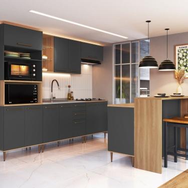 Imagem de Cozinha Modulada Completa 8 Peças com Cristaleira 13 Portas 2 Gavetas com Bancada Isabelle Freijó / Grafite